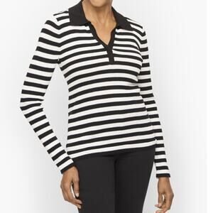 Talbots Size L Ribbed Knit Johnny Collar Pullover Mariner Stripe Top Black White